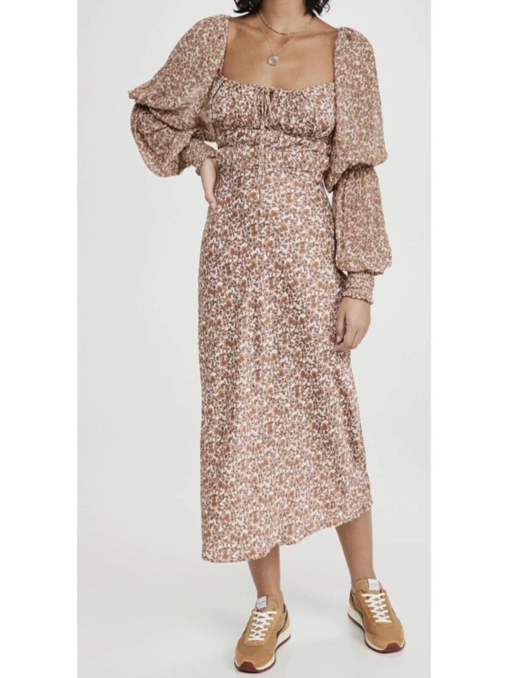 Free People Aglow Midi Dress Tea Combo Floral Brown Cut Out Boho Smocked Small